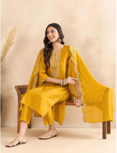 Yellow Yoke Design Silk Blend Kurta Set with Dupatta