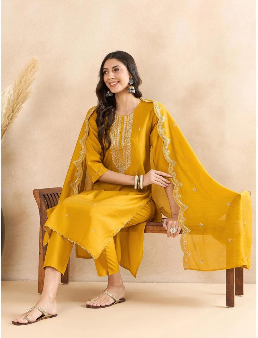 Yellow Yoke Design Silk Blend Kurta Set with Dupatta