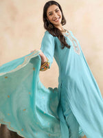 Light Blue Yoke Design Silk Blend Kurta Set With Dupatta