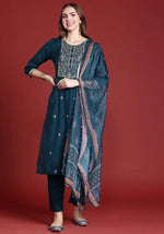 Blue Yoke Design Silk Blend Kurta Set With Dupatta