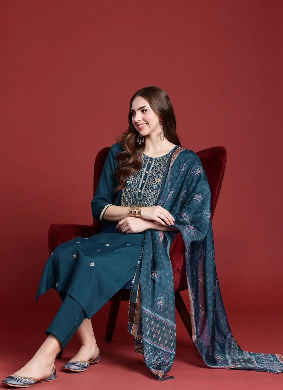 Blue Yoke Design Silk Blend Kurta Set With Dupatta