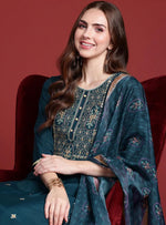 Blue Yoke Design Silk Blend Kurta Set With Dupatta