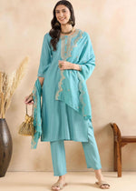 Light Blue Yoke Design Silk Blend Kurta Set With Dupatta