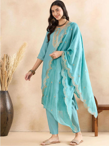 Light Blue Yoke Design Silk Blend Kurta Set With Dupatta