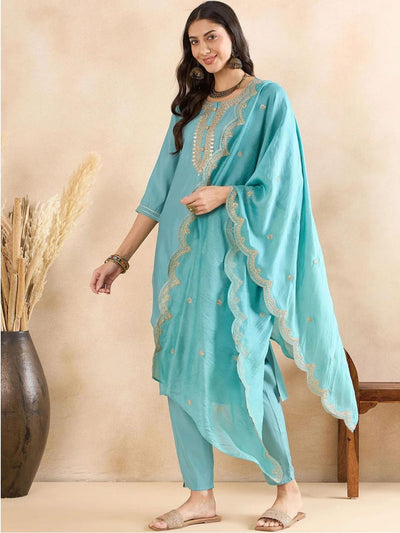 Light Blue Yoke Design Silk Blend Kurta Set With Dupatta