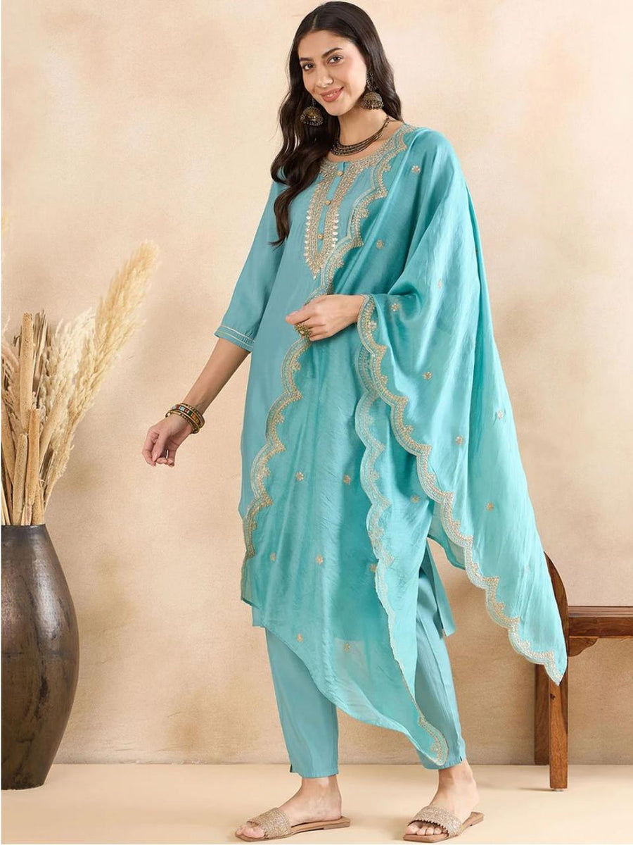 Light Blue Yoke Design Silk Blend Kurta Set With Dupatta