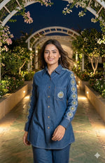 Inaaya Indigo Embroidered Cotton Denim Co-ord Set