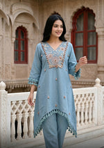 Anika Steel Blue Embellished Cotton Khadi Co-ord Set