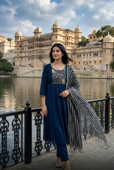 Zoya Midnight Blue Embroidered Kurta Set With Dupatta