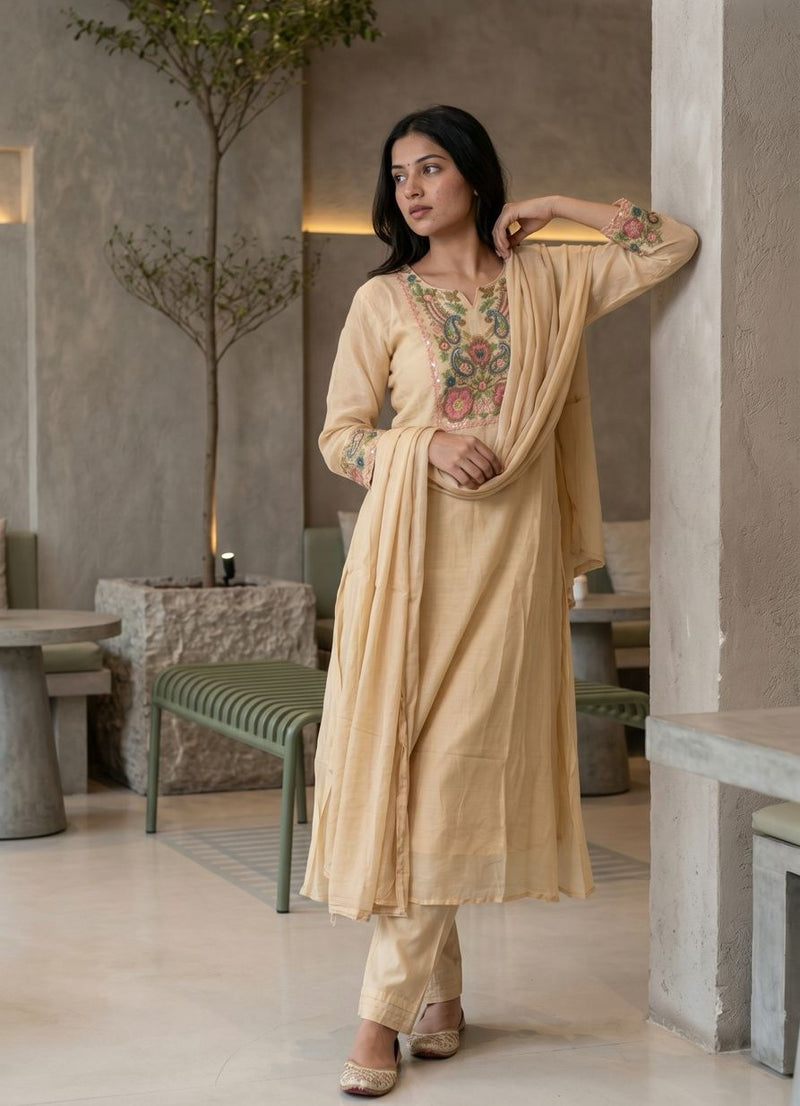 Arzoo Beige Mul Chanderi Kurta Set With Dupatta