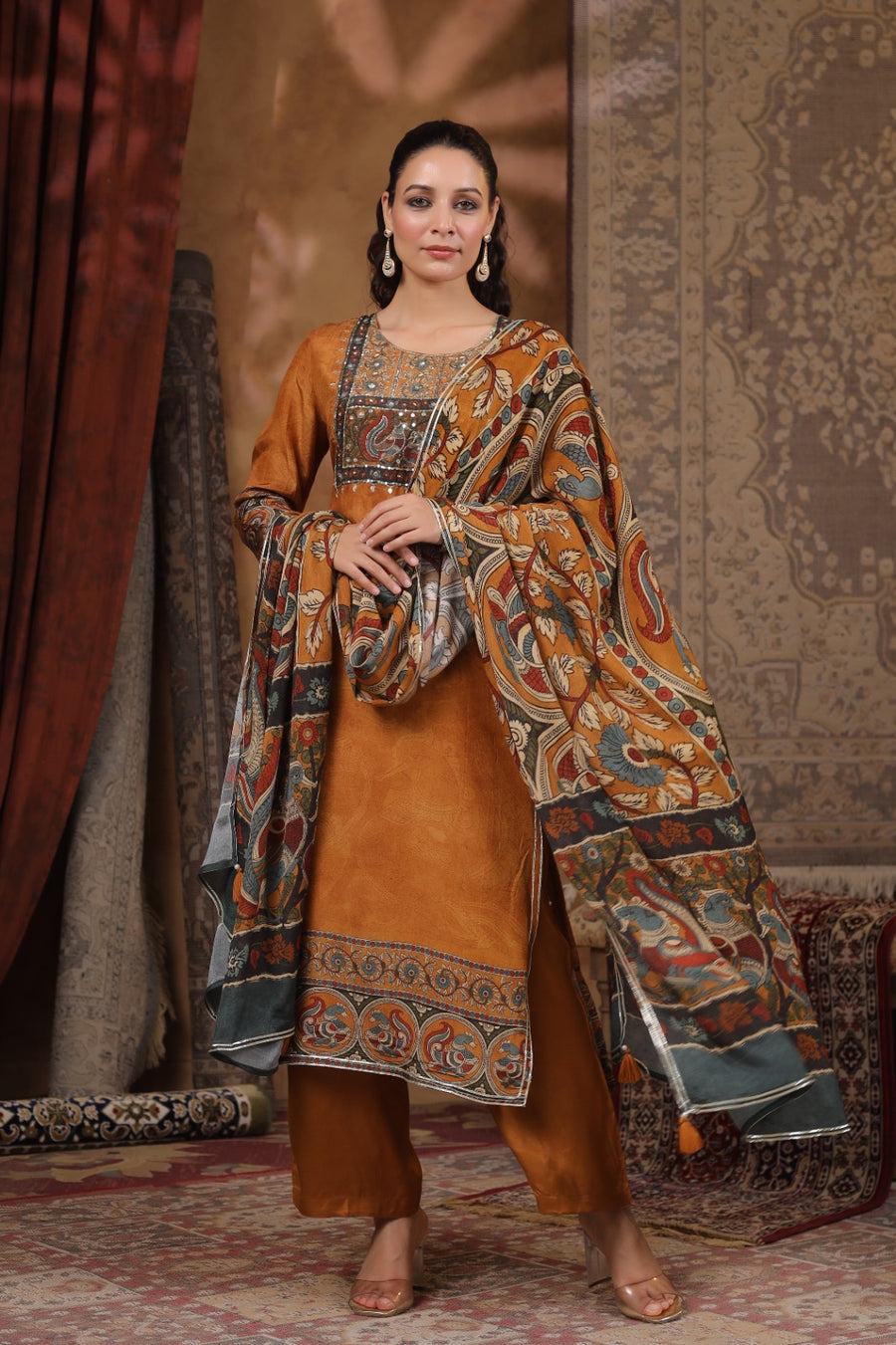Riva Rust Muslin Kurta Set With Dupatta