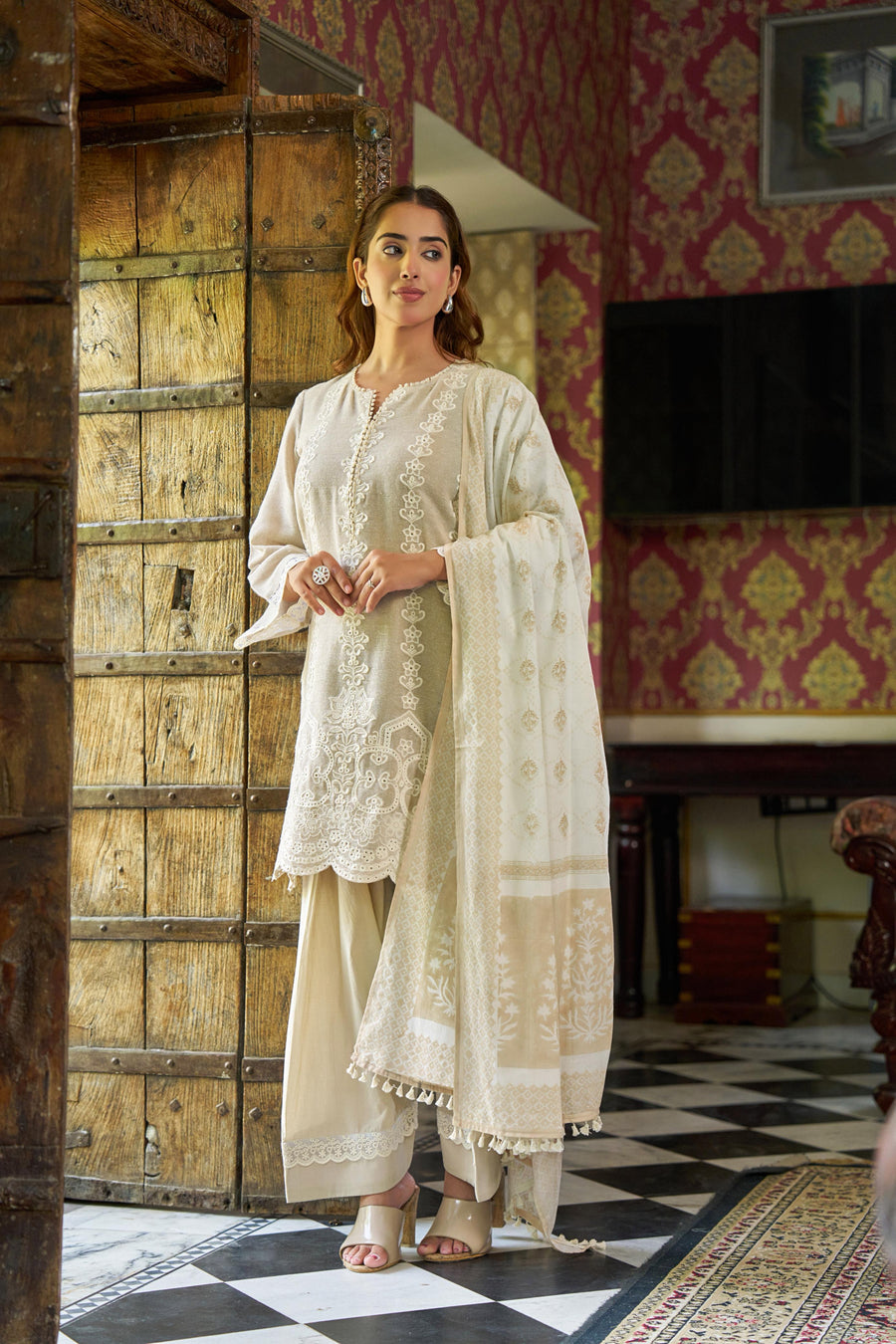 Kavya Beige Jute Farshi Suit Set with Dupatta
